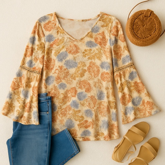 Bobeau Blouse Boho Floral Kimono Sleeve Pullover Top Beige Flowy Medium - Picture 2 of 9